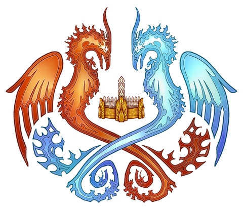Two phoenixes face eachother.  One is red-orange and the other is icy blue.  A crown sits between them with ten feathers within, the fifth larger and more noticeable than the rest.